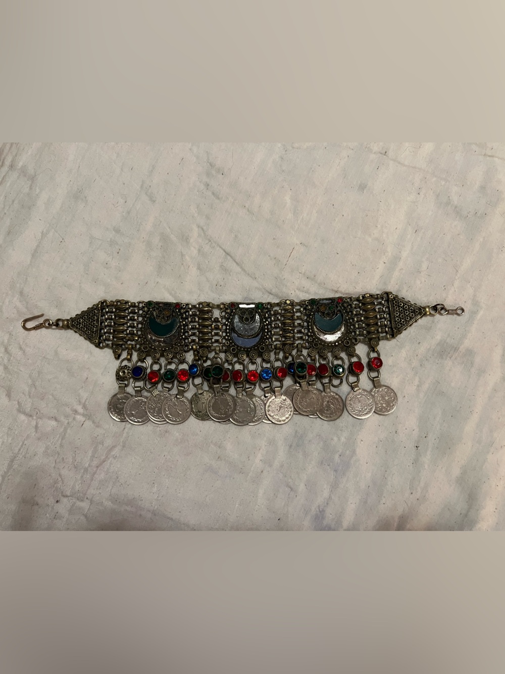 Vintage Afghan Kuchi tribal choker w metalwork, glass, coins Boho Bellydance